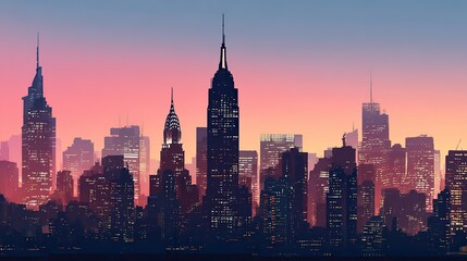 Fototapeta premium City skyline silhouettes at dawn with tall buildings and skyscrapers in black and white, soft pastel pink, orange, purple, and blue sky creating tranquil modern urban sunrise atmosphere.