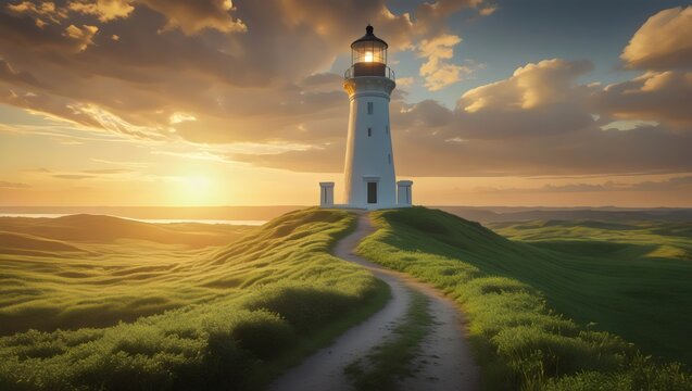 Majestic Lighthouse on a Hilltop at Sunset with a Winding Path - Powered by Adobe