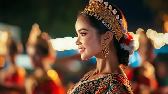 thai woman in traditional dress with slim body dancing at night show on blurred background, beautiful asian girl, thailand, songkran, khon, lakhon, fawn, li-khe, ram wong, nang talung