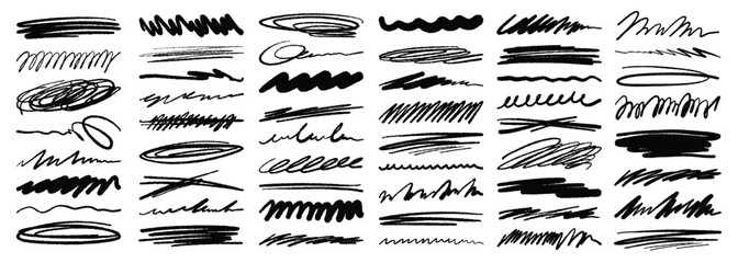 Hand-drawn black scribbles, underlines, and marker lines. Rough sketchy elements for notes, highlights, or abstract vector design accents on white background.