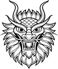 Fototapeta premium Detailed line art illustration of a dragon head with horns and sharp teeth on white background