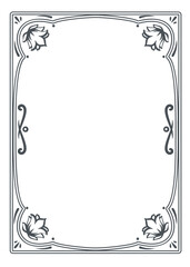 Ornamental rectangular frame with curved borders and stylized blooming flowers in corners. Decorative monochrome outline. Vector illustration for invitations, certificates, labels, or vintage design.