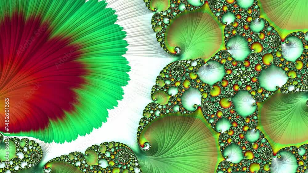 Aufkleber fractal artwork displays a blend of swirling green and red with complex detailing, zoom in