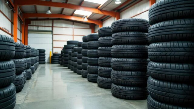 A spacious tire storage facility with neatly stacked tires, ready for distribution and use in the automotive industry.