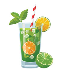 green mojito drink with lemon and lime - vector illustration