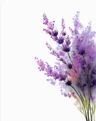 Naklejka premium Elegant lavender flower bouquet with delicate purple blooms and green stems on a white background, artistic floral composition, perfect for nature and sp themes
