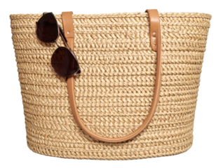 Woven beach bag with sunglasses on transparent background