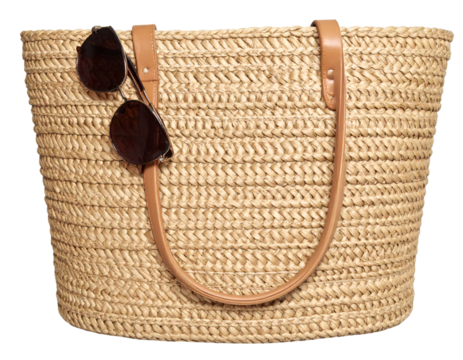 Woven beach bag with sunglasses on transparent background