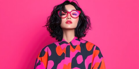 Stylish asian woman wearing red eyeglasses with bold makeup and vibrant fashion against a pink background