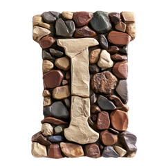 Close-up of a colorful rock mosaic letter I made from smooth rounded and angular stones on a white background