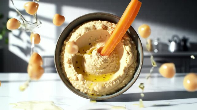 Hummus bowl amid chickpea chaos carrot plunged within