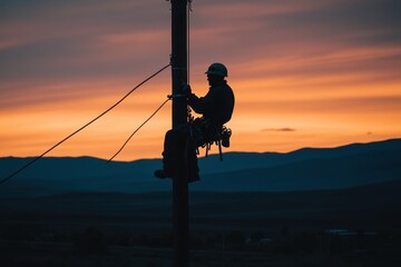 Silhouette of Worker Climbing Utility Pole at Sunset in Scenic Landscape