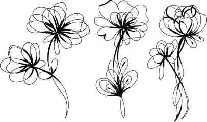 Elegant Black Line Art Floral Designs Set for Wedding Invitations