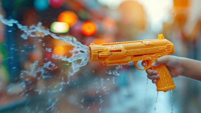 Child's hands in profile shooting water gun on street in Thailand, Songkran, Thai New Year, Bangkok, game, boy, Asia, April 13, summer fun, childhood