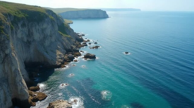 Top view of seascape with rocky coast. Shot. Rocky coast with shady side on background of blue sea and horizon with sky. Sea coast with rocky massif