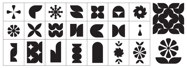 Flower shape vector, floral icon set, flowers vector silhouette, symmetrical floral patterns, petals, abstract blossoms, nature design floral elements illustrations. Different Figures of decorations