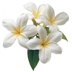 Fototapeta premium A cluster of pristine white plumeria blossoms, with hints of yellow at the center, and lush green leaves