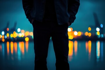 Silhouette of Person at Night with Colorful Bokeh Background