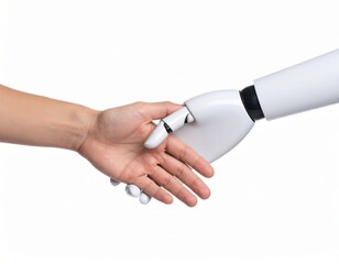 Robot and human touching hands, AI and technology help people concept, over white background