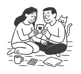 Couple Sitting on Floor Exchanging Love Letter – Minimalist Line Art