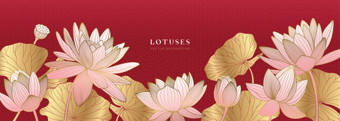 Vector asian poster with pink lotuses and gold water lilies on pattern background. Luxury banner with line art flowers.
