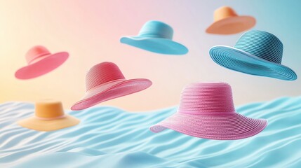 Colorful hats floating on serene water surface.
