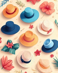 Colorful hats arranged with vibrant flowers.