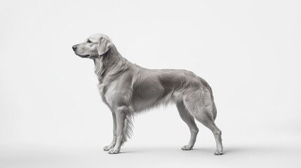 A light-cream Golden Retriever dog stands in profile against a white background.