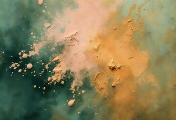 Colorful powder pigments exploding creating abstract cloud formations on green background