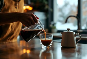 Barista pouring coffee into glass on wooden table in cafe with winter view