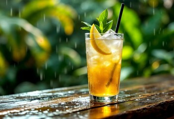 Refreshing iced tea with lemon and mint enjoying the rain on a wooden table