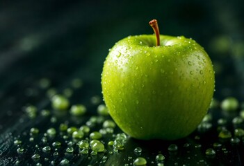 Fresh green apple covered with water droplets on dark background