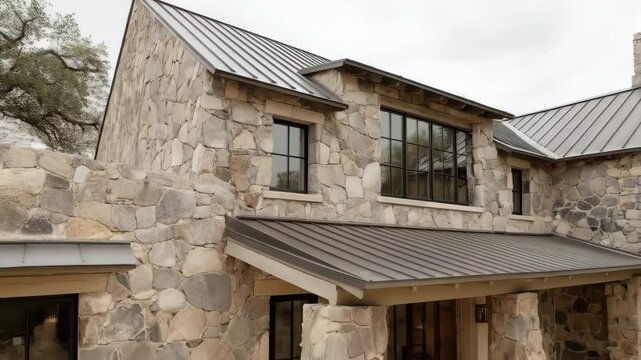 Exterior of a rustic stone residence featuring gray stone walls, black framed windows, and a metal roof in a modern design.