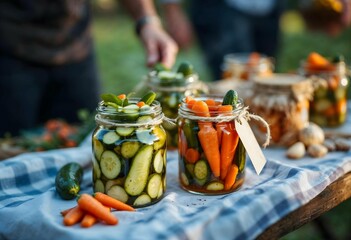Farmers preparing preserved vegetables for winter in glass jars