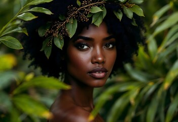 Beautiful black woman wearing crown of leaves in jungle setting
