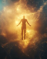 Naklejka premium A person floats peacefully in a cosmic space, surrounded by glowing stars and a radiant nebula, embodying tranquility.