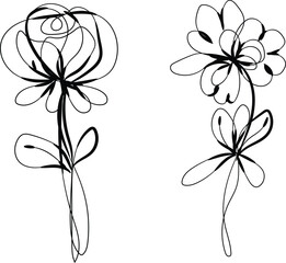 Elegant Line Art Floral Designs Two Simple Flowers Black Ink Drawings