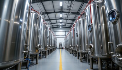 Obraz premium Industrial brewing process brewery facility interior view stainless steel tanks modern environment production concept