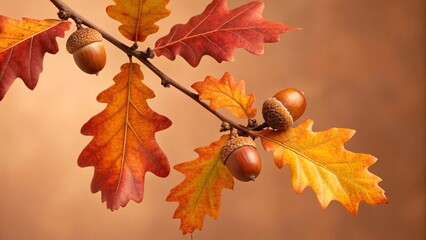 An oak branch adorned with vibrant autumn leaves in warm orange and brown tones, accompanied by ripe acorns, set against a soft brown background, symbolizing the fall season and nature's beauty.
