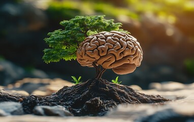 Detailed close up of a natural environment featuring a tree nut surrounded by rocks and greenery in soft natural lighting