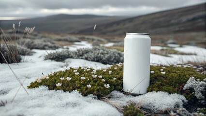 Obraz premium White Can on Moss Patch, Rocky Terrain and Alpine Meadow in Background