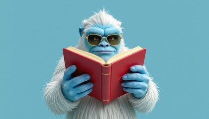 Yeti reading a book indoor environment cartoon character blue background humorous concept