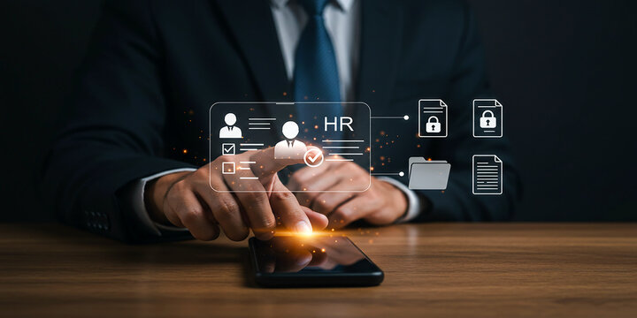 Hands presenting brain hologram with connected nodes representing artificial intelligence and thinking