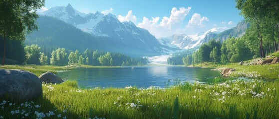 This outdoor travel scene features green grass and a mountain lake set against a forest backdrop. Additionally, there is a river with clear water and a stunning valley.