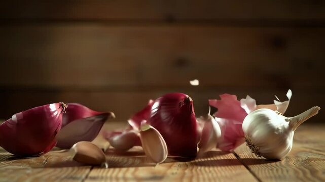Onions and garlic falling wooden surface