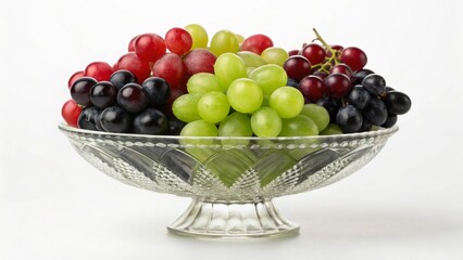 Close-up view of a faceted glass bowl brimming with mixed grapes, highlighting the glossy skin and varied colors and shapes of the berries, perfect for themes of fruit