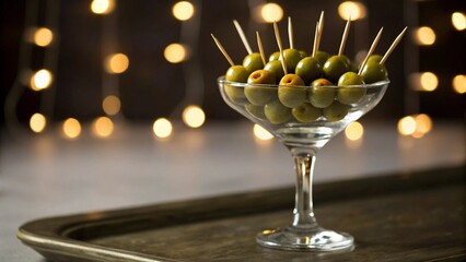 A stemmed martini glass filled with green olives skewered with toothpicks, placed on a metallic tray with blurred bokeh lights in the background, symbolizing cocktails