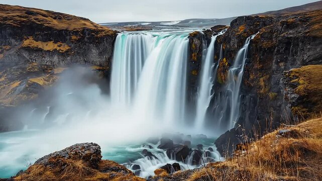 Icelandic Waterfall Majesty: A Breathtaking Vista of Godafoss with Turbulent Waters