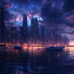 Naklejka premium Calm water with boats and city skyline at sunset high resolution picture