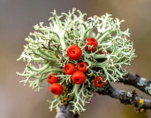 Obraz premium Closeup Of Lichen With Red Berries On Branch
